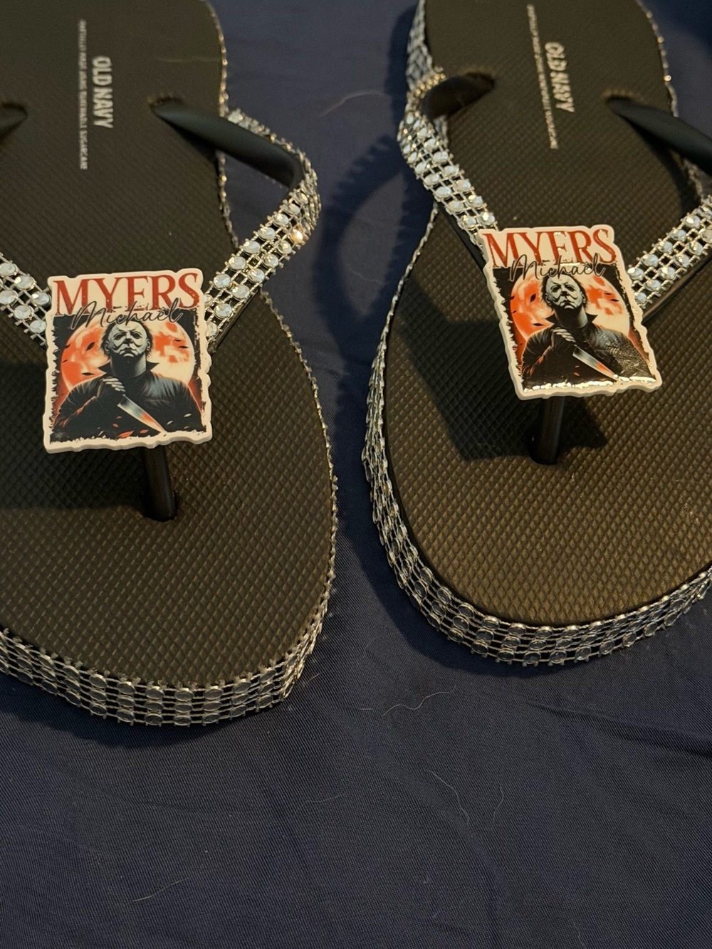Black Rhinestone Flip Flop Sandals with Myers